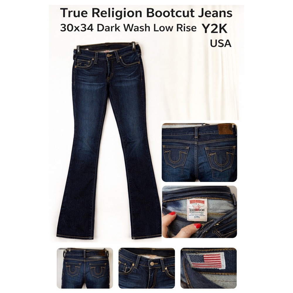 True Religion Bootcut Jeans 30x34 Dark Wash Low Rise Y2K Stretch‎ USA